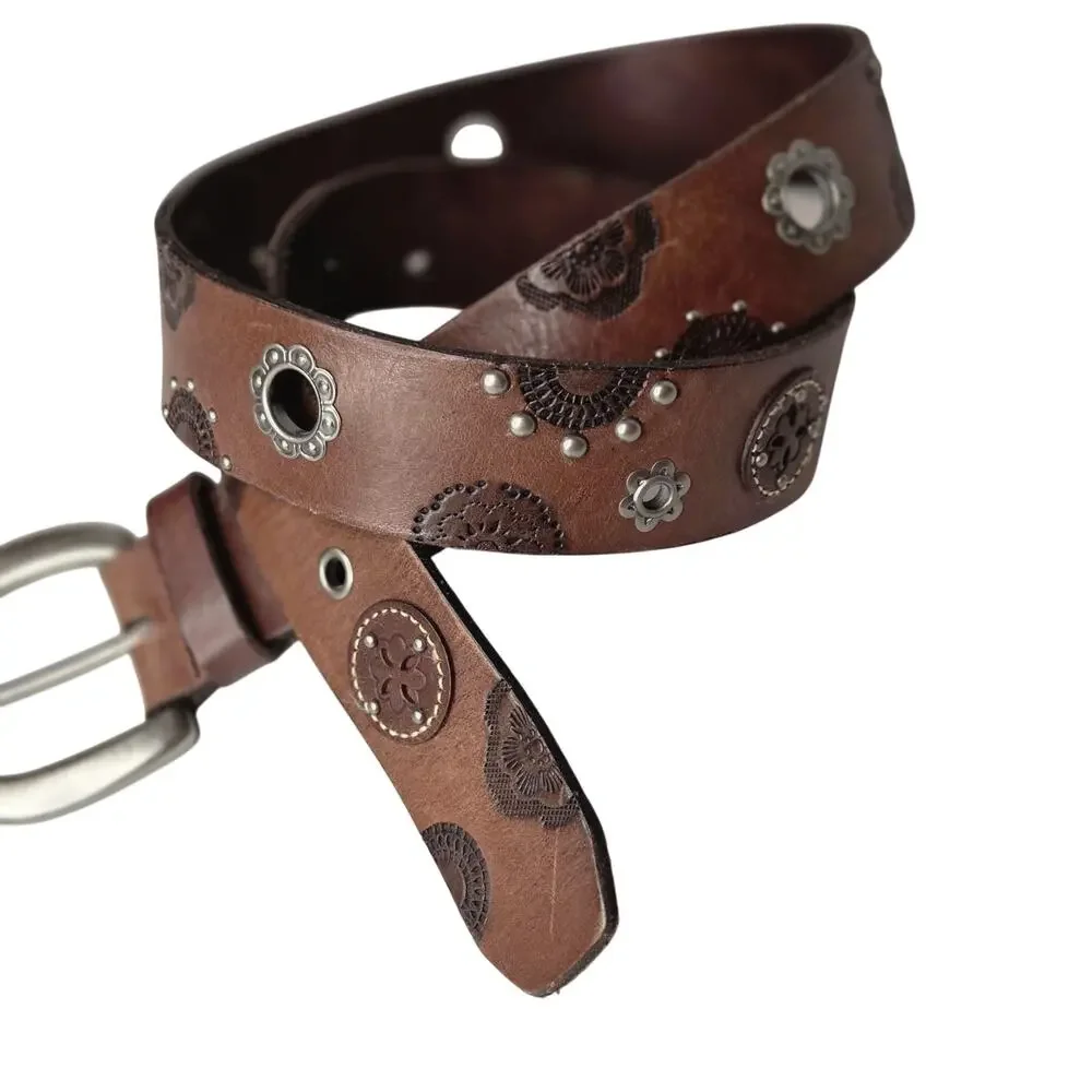 Boho Genuine Leather Embossed Medallion Belt | Brown Western Festival | Medium